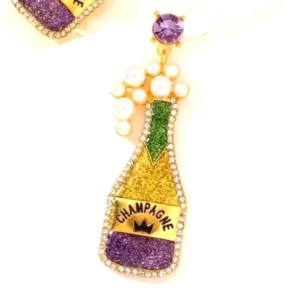 Mardi Gras Chamagne cocktail earrings Rhinestone Pearls |  NEW